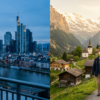 Lebenszufriedenheit Rentner Deutschland Schweiz – geteiltes Bild mit Schweizer Alpenlandschaft und deutscher Stadtsilhouette