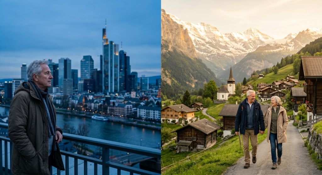 Lebenszufriedenheit Rentner Deutschland Schweiz – geteiltes Bild mit Schweizer Alpenlandschaft und deutscher Stadtsilhouette