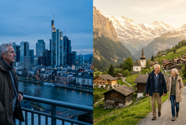 Lebenszufriedenheit Rentner Deutschland Schweiz – geteiltes Bild mit Schweizer Alpenlandschaft und deutscher Stadtsilhouette