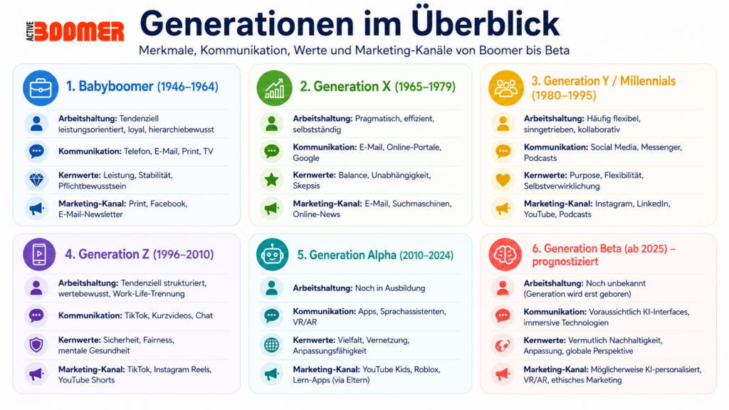 Generationen im Überblick: 6 Altersgruppen von Boomer bis Beta (Quelle: active-boomer.com)